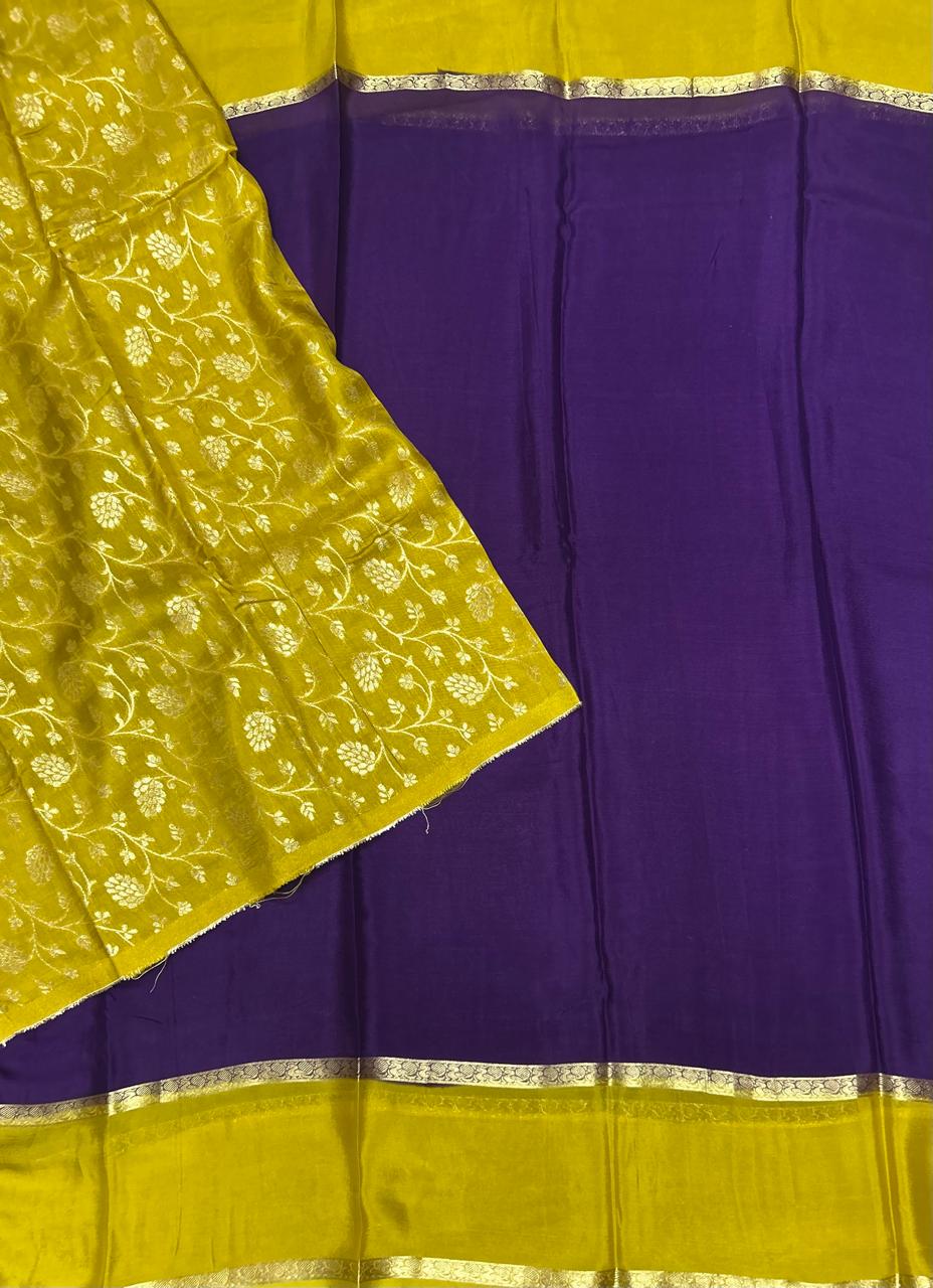 Purple n yellow plain wrinkle crepe silk saree
