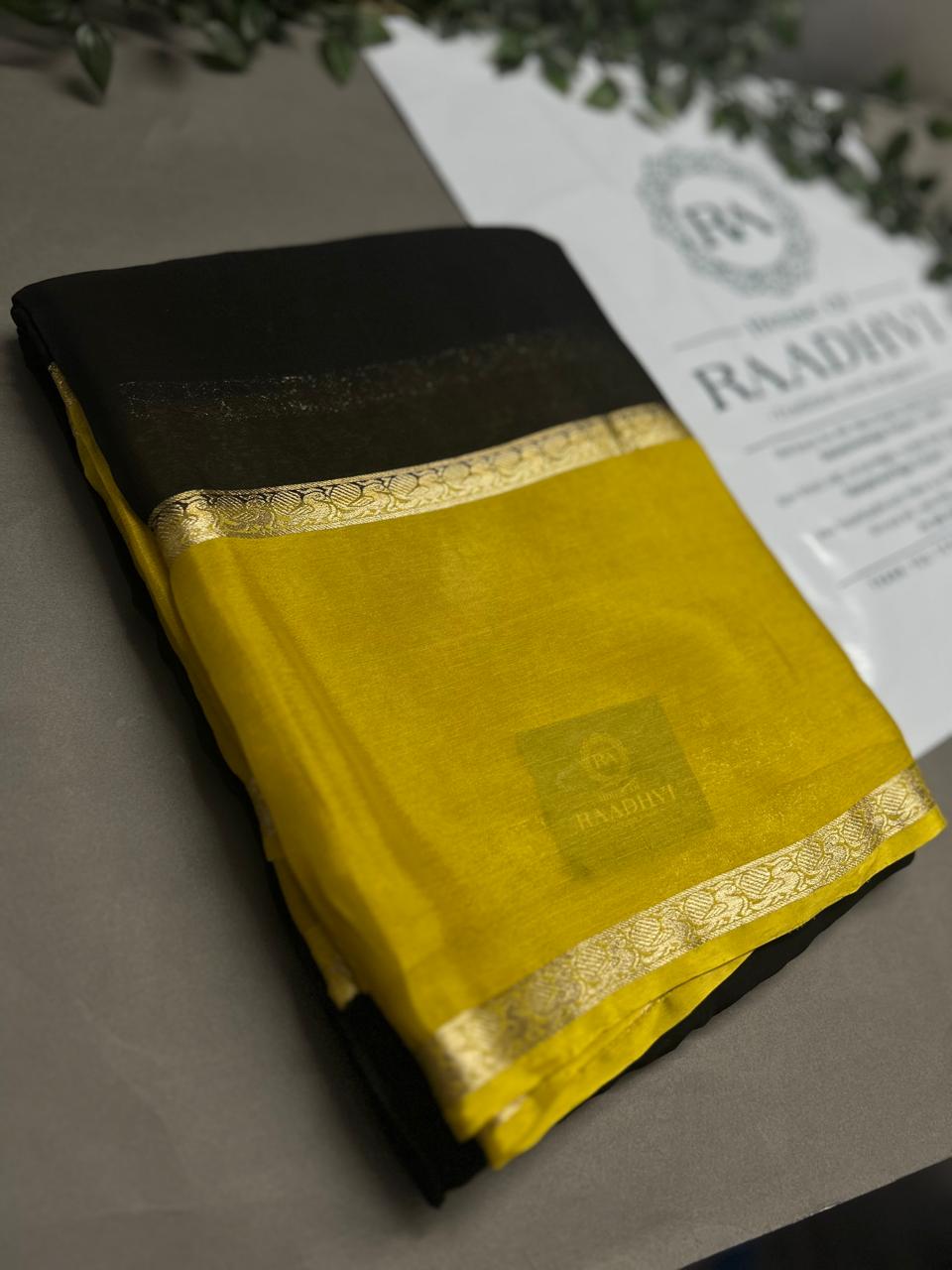 Black n yellow plain wrinkle crepe silk saree