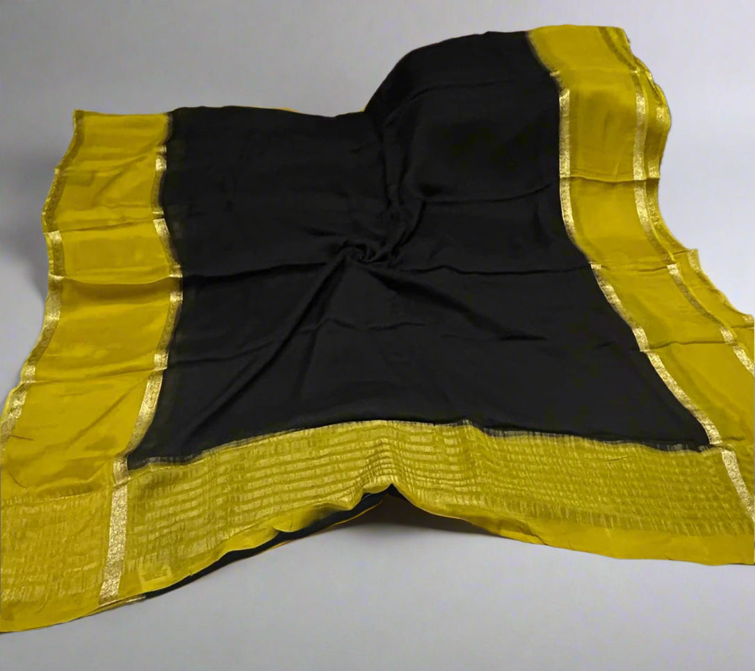 Black n yellow plain wrinkle crepe silk saree