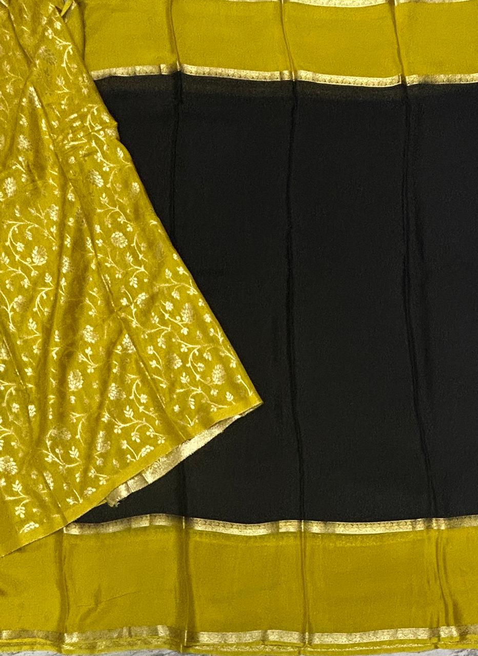 Black n yellow plain wrinkle crepe silk saree