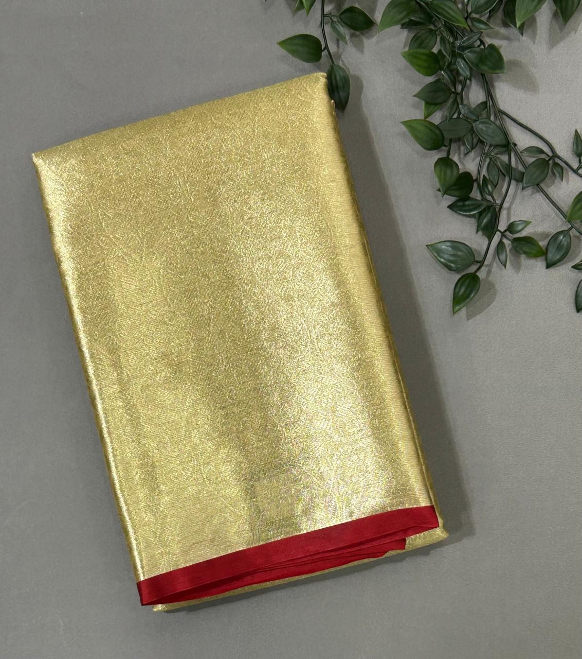 Golden n red 05 brocade tissue semi silk saree