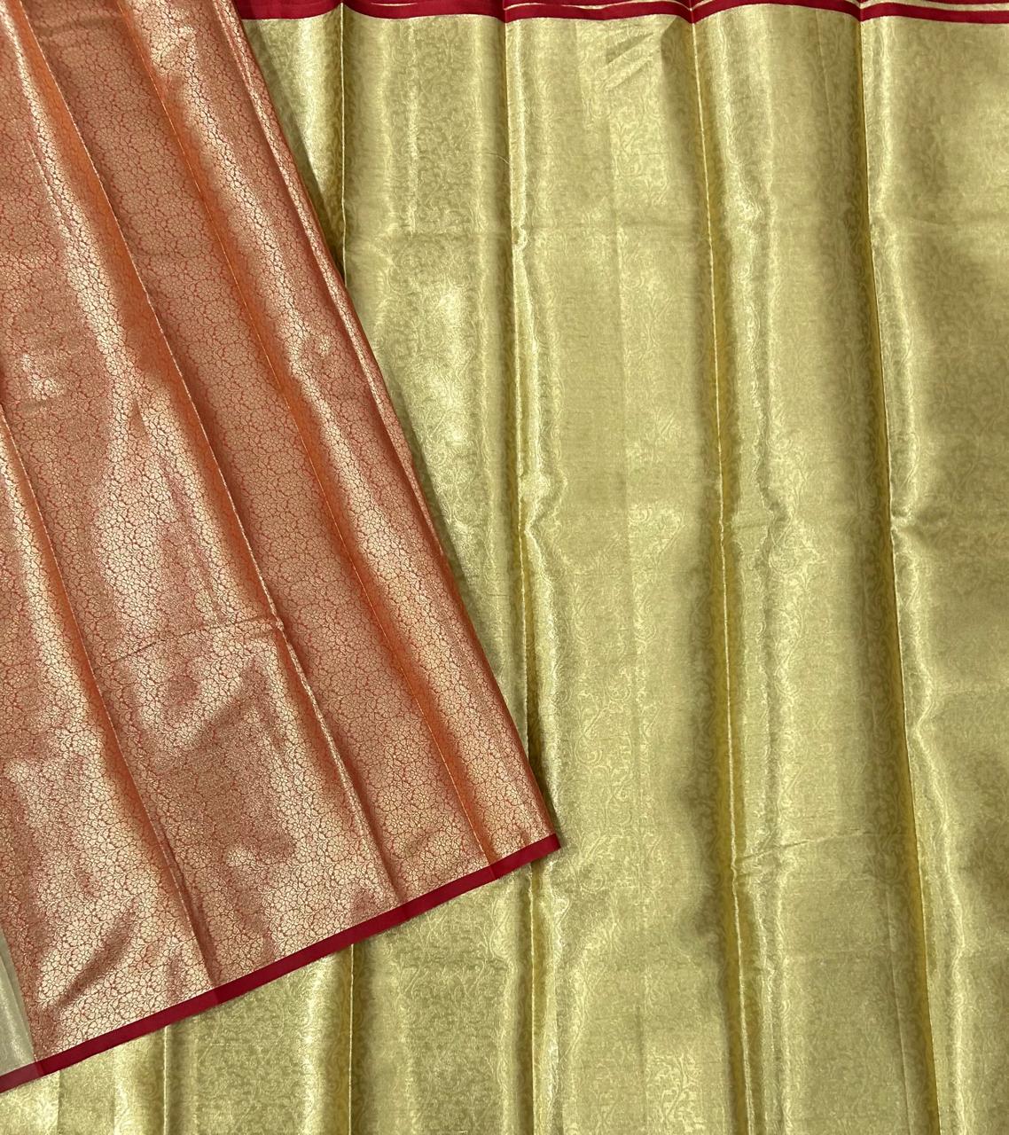 Golden n red 05 brocade tissue semi silk saree