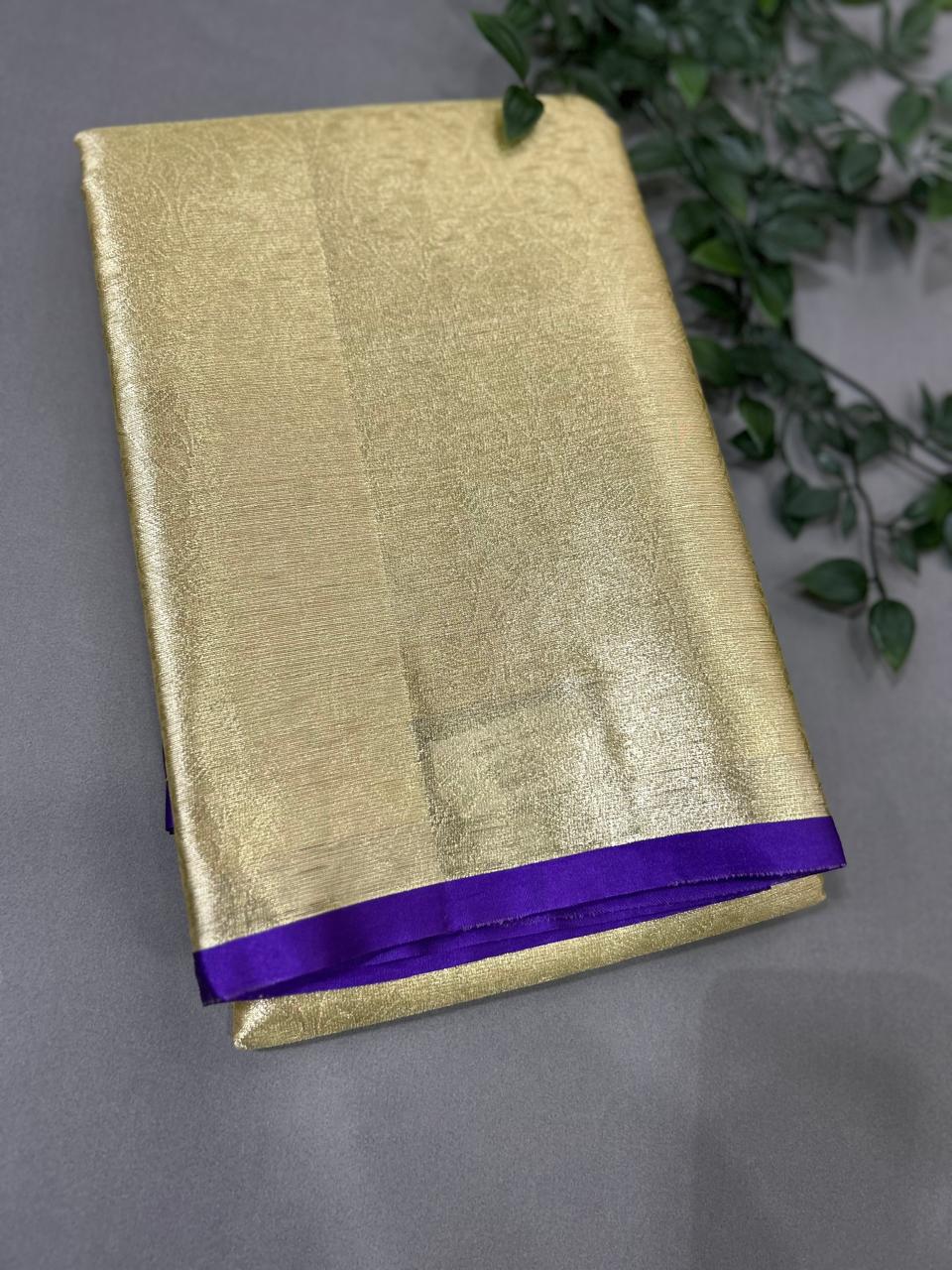 Golden n purple 05 brocade tissue semi silk saree