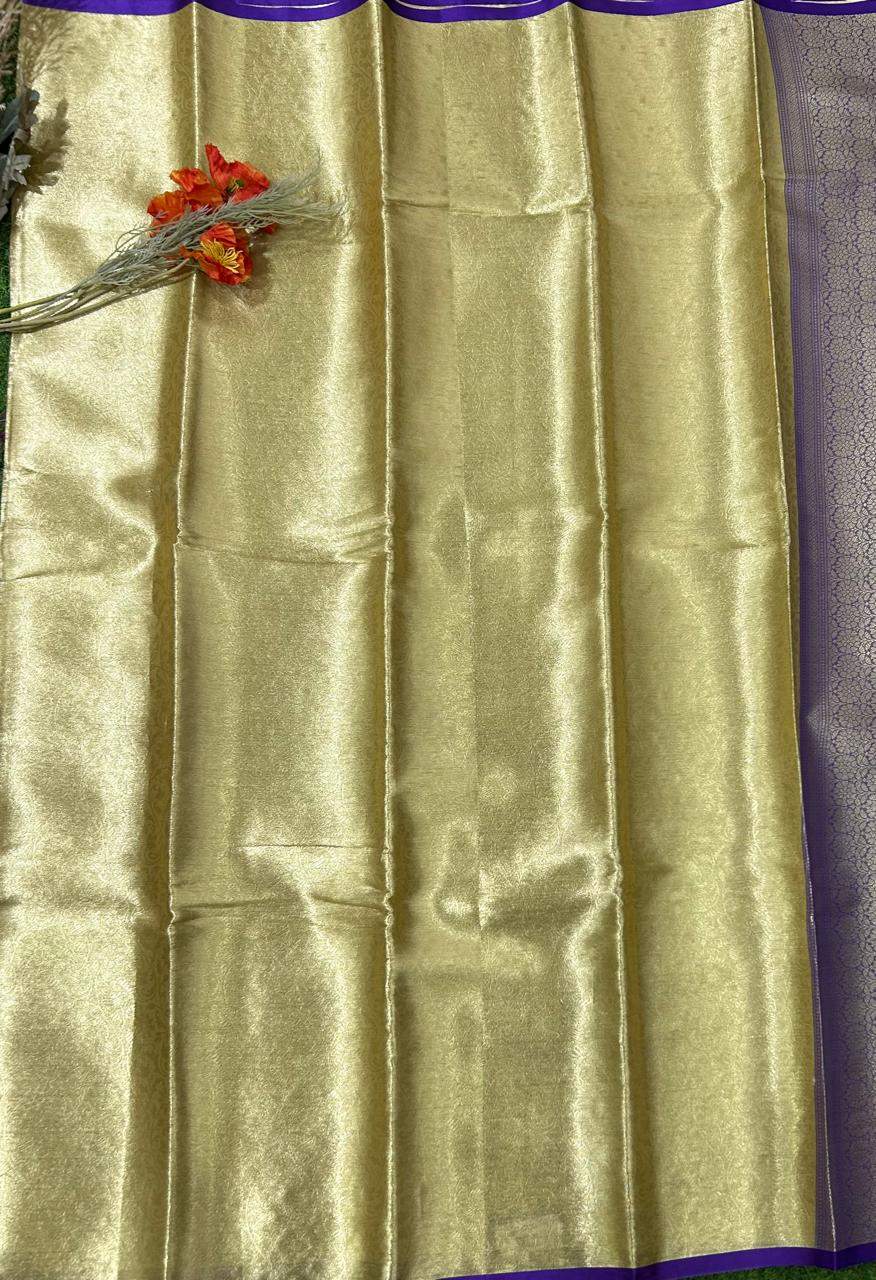 Golden n purple 05 brocade tissue semi silk saree