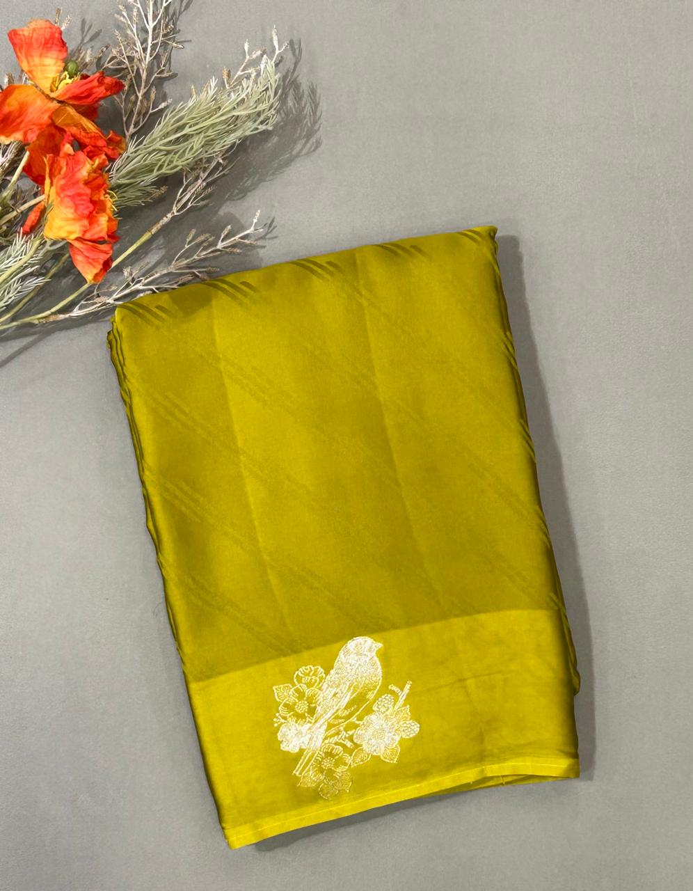 Yellowish green sparrow butta border satin saree