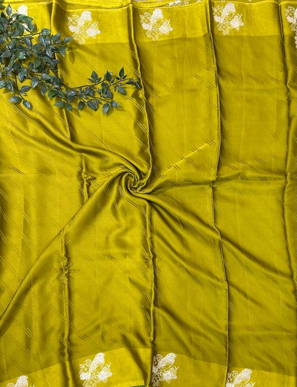 Yellowish green sparrow butta border satin saree