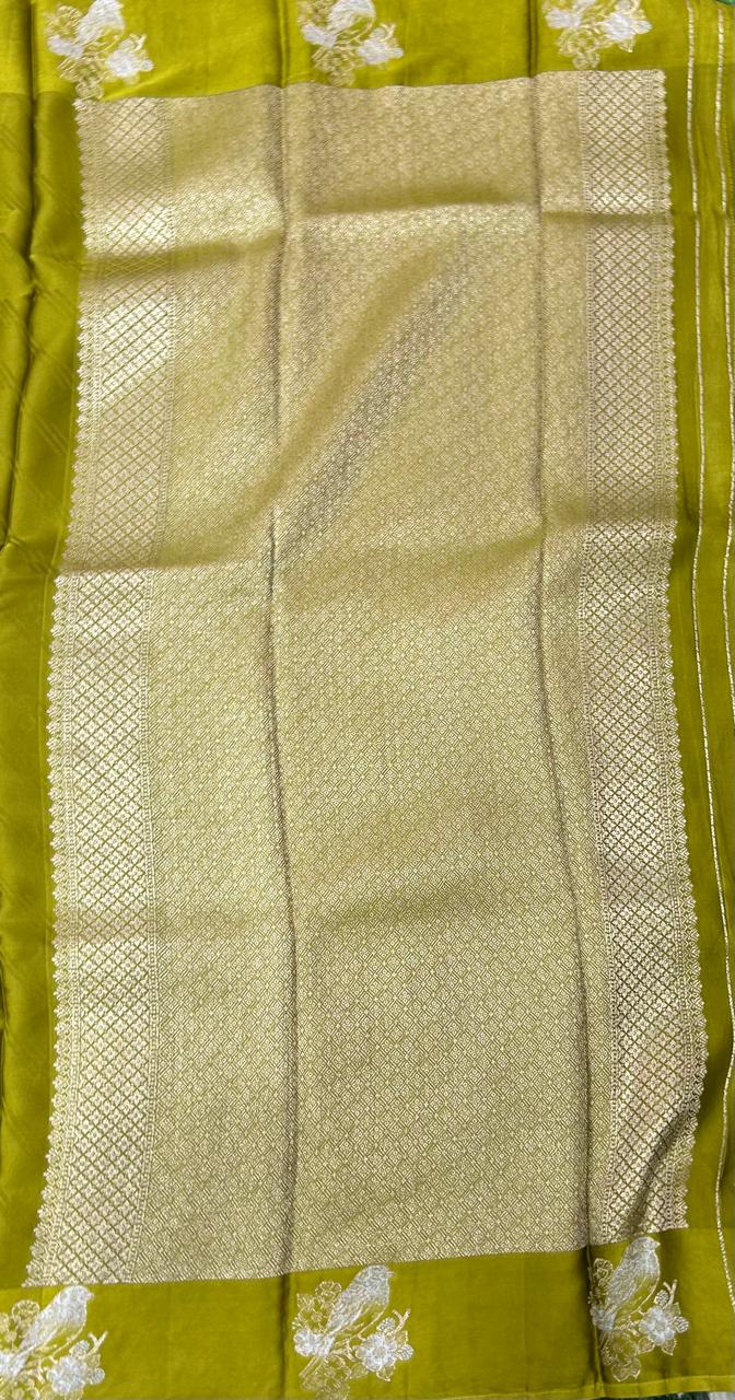 Yellowish green sparrow butta border satin saree