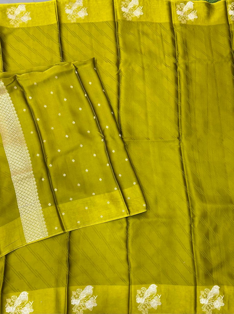 Yellowish green sparrow butta border satin saree