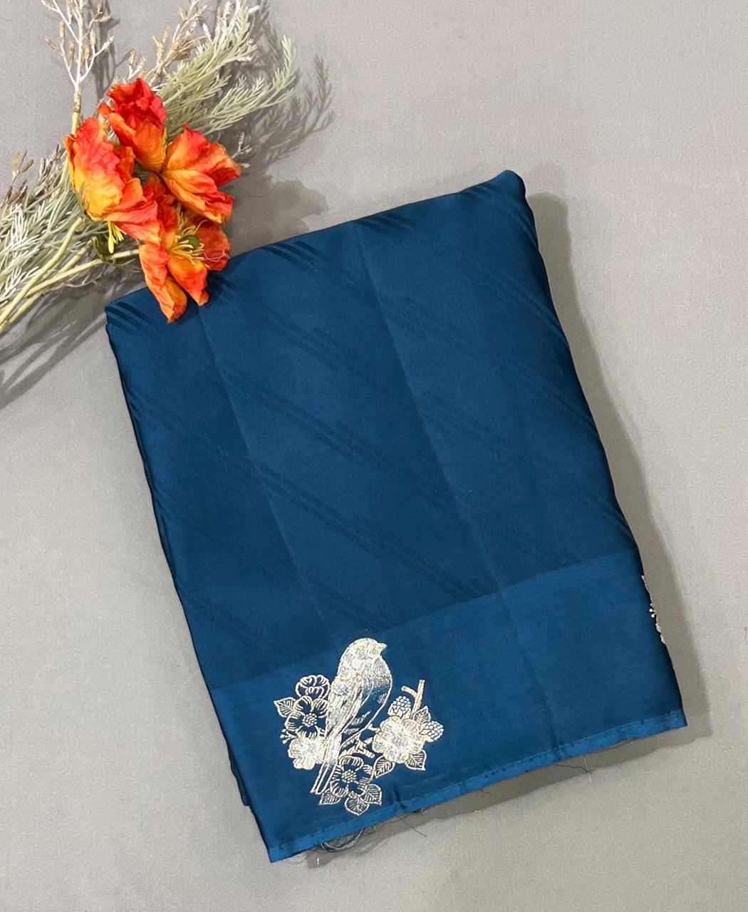 Dark blue sparrow butta border satin saree