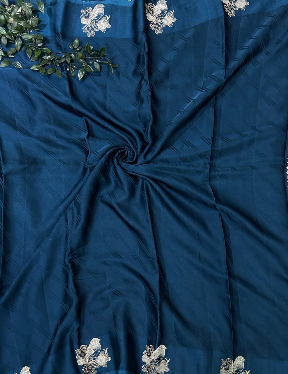 Dark blue sparrow butta border satin saree