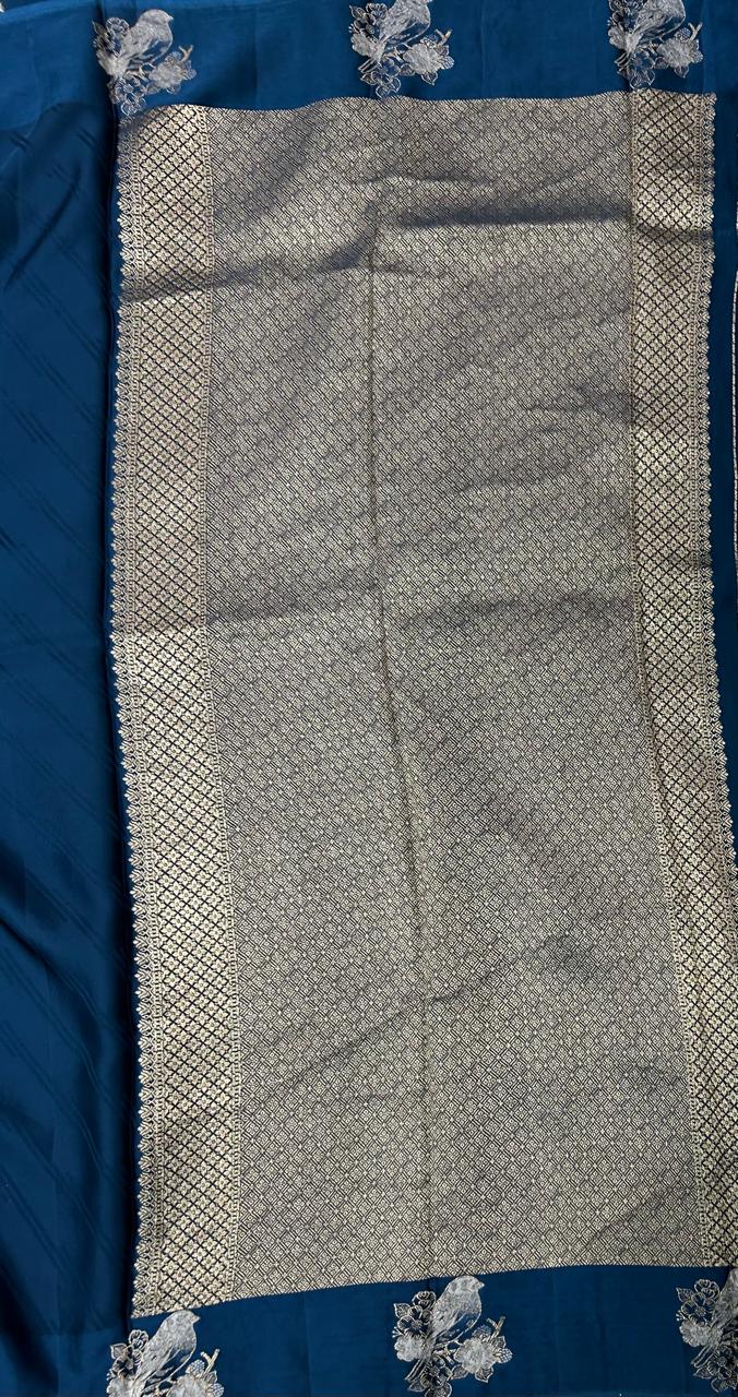 Dark blue sparrow butta border satin saree