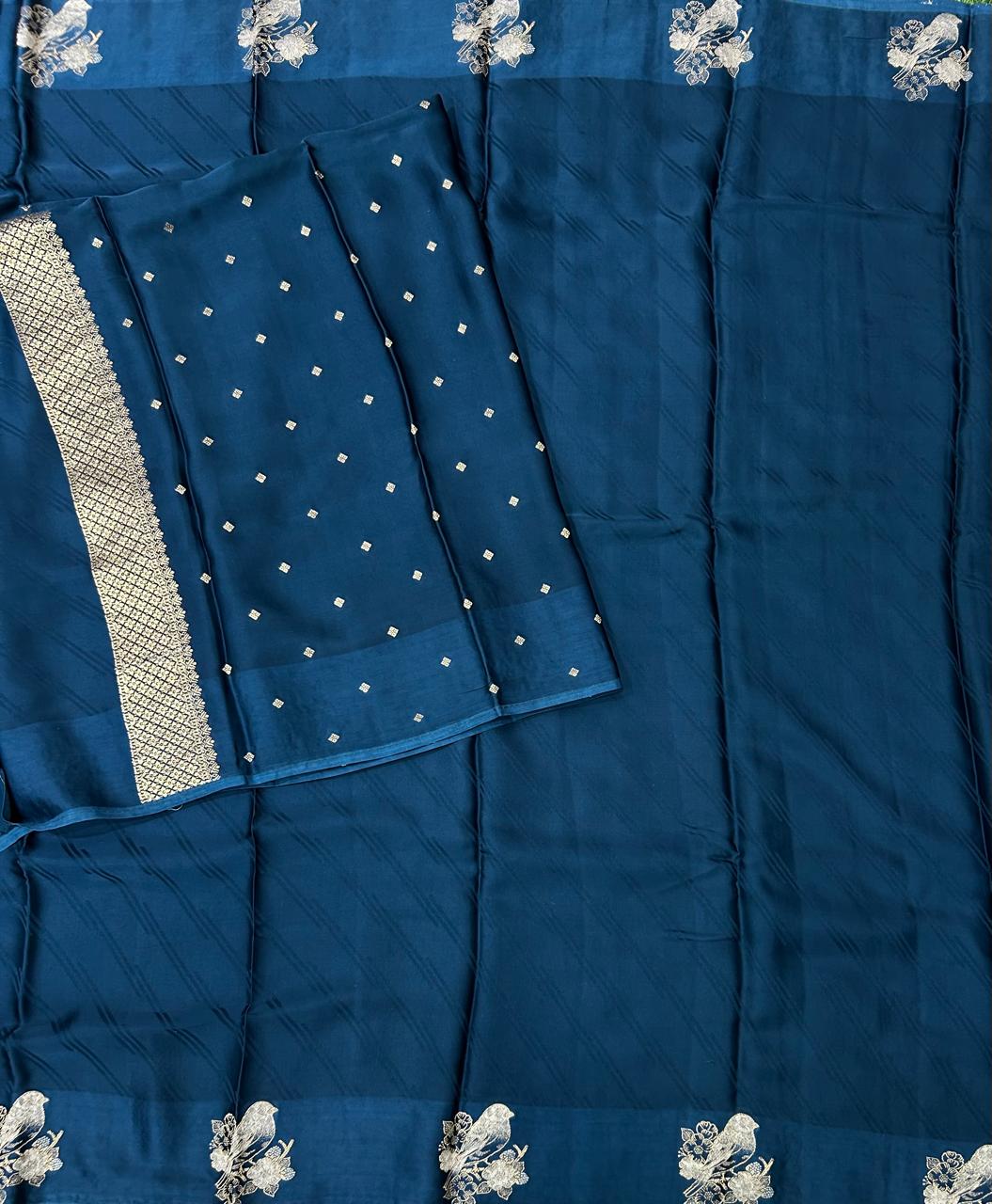 Dark blue sparrow butta border satin saree