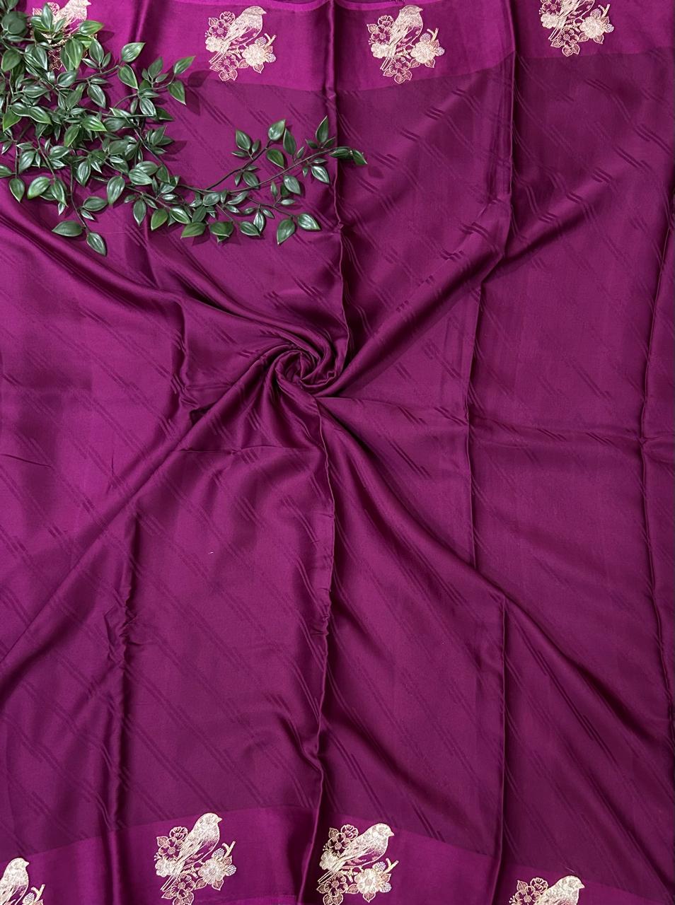 Wine sparrow butta border satin saree