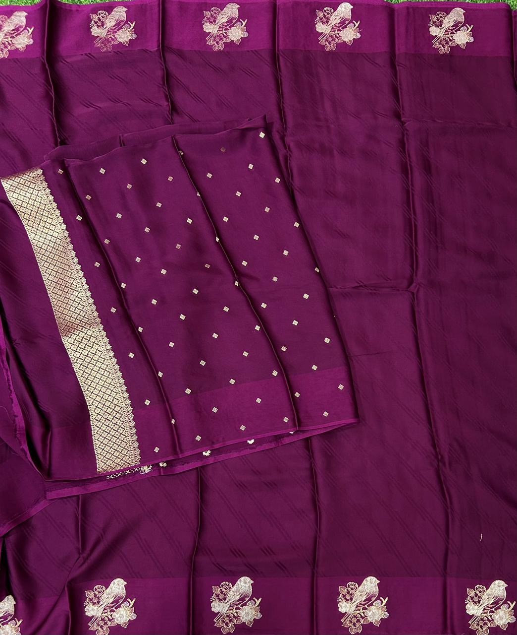 Wine sparrow butta border satin saree