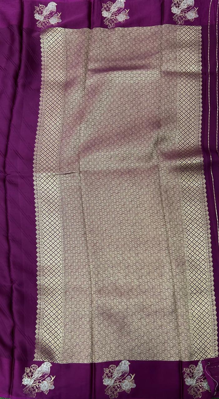 Wine sparrow butta border satin saree