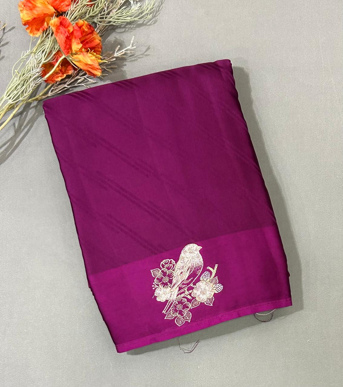 Wine sparrow butta border satin saree