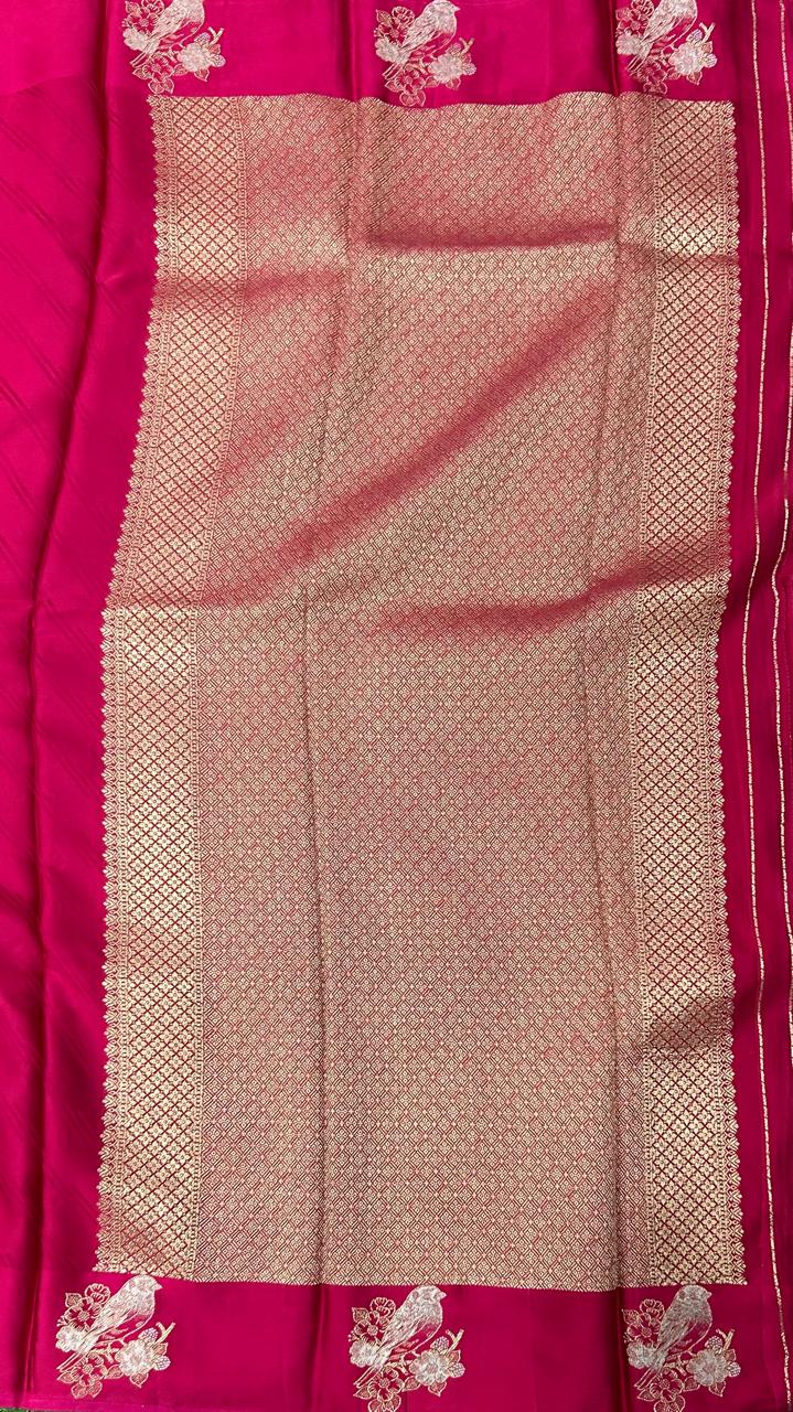 Pink sparrow butta border satin saree (RR Nagar)