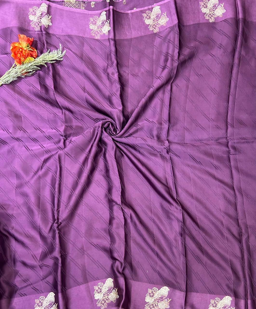 Onion pink sparrow butta border satin saree (RR)