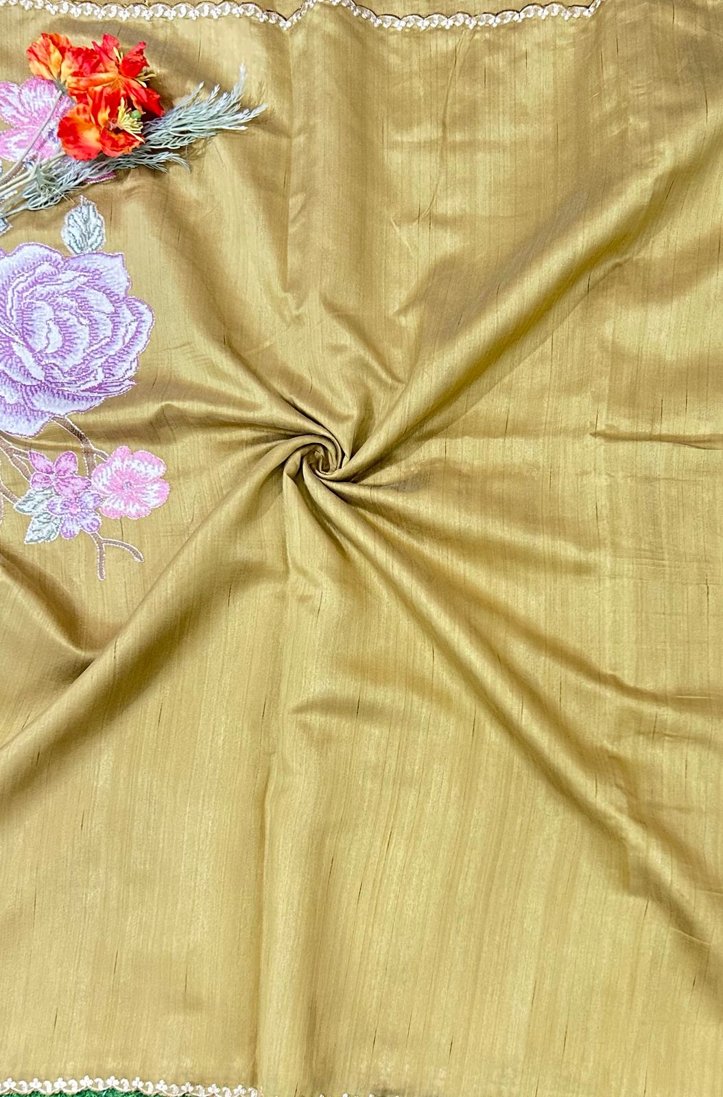 Golden beige 04 cross stitch embroidery tussar saree