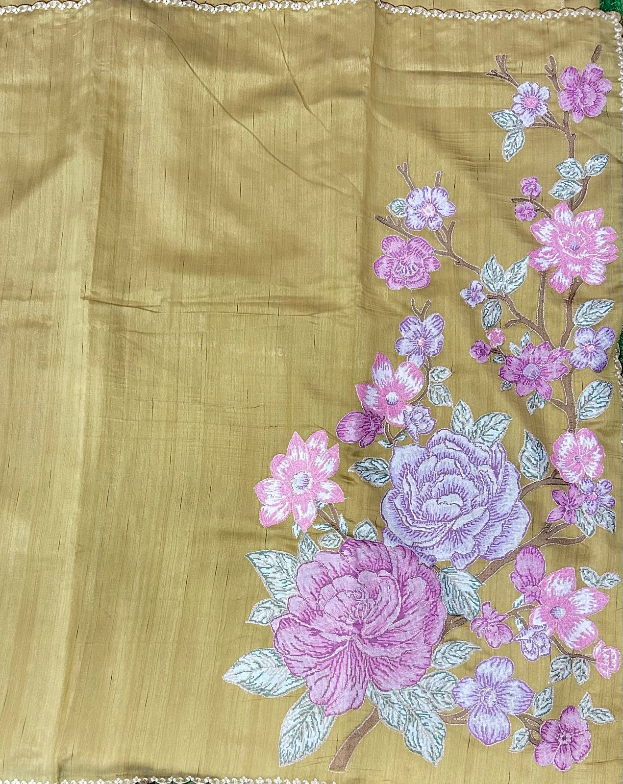 Golden beige 04 cross stitch embroidery tussar saree