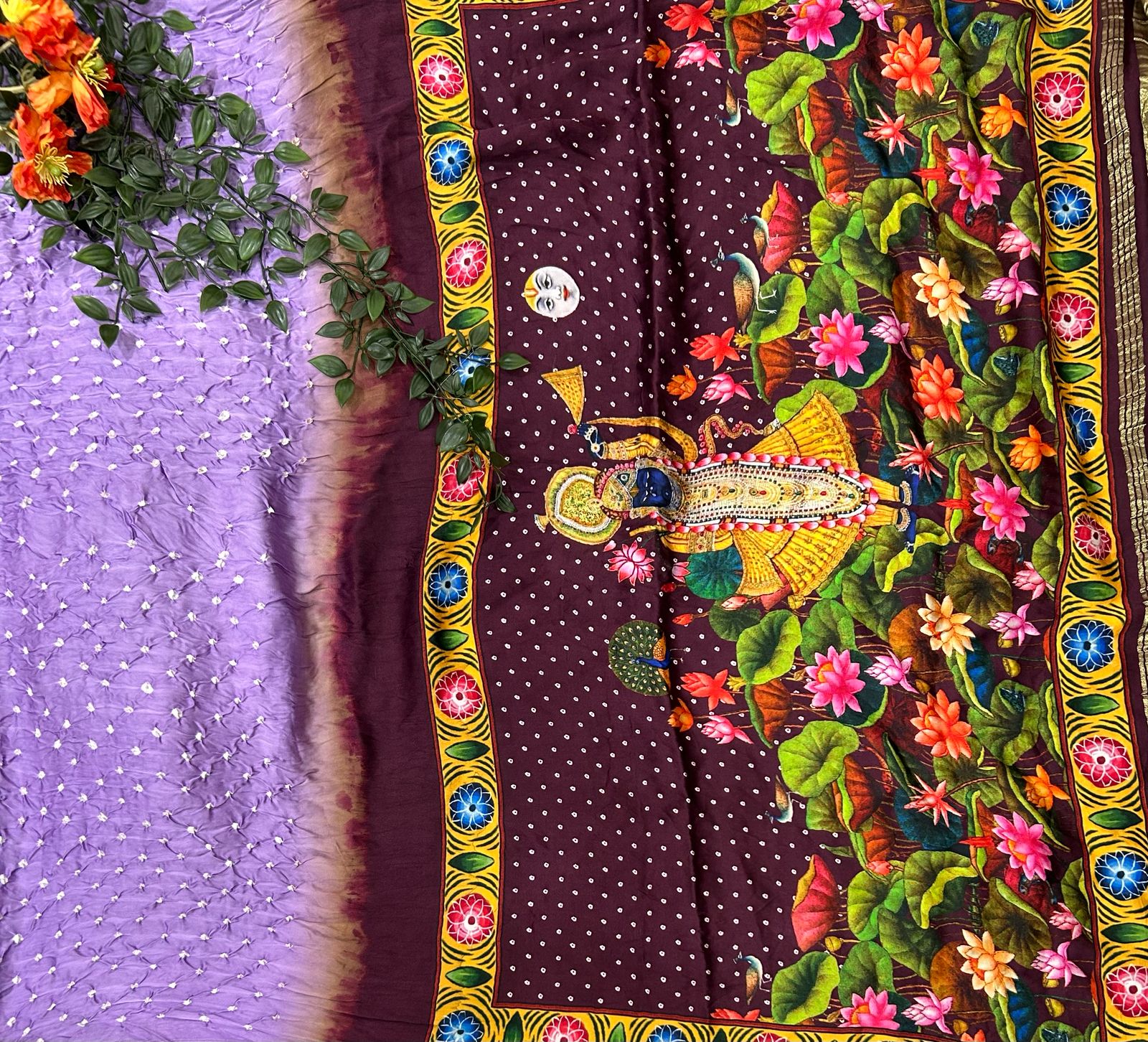 Lavender 04 bandhini with digital print blouse saree