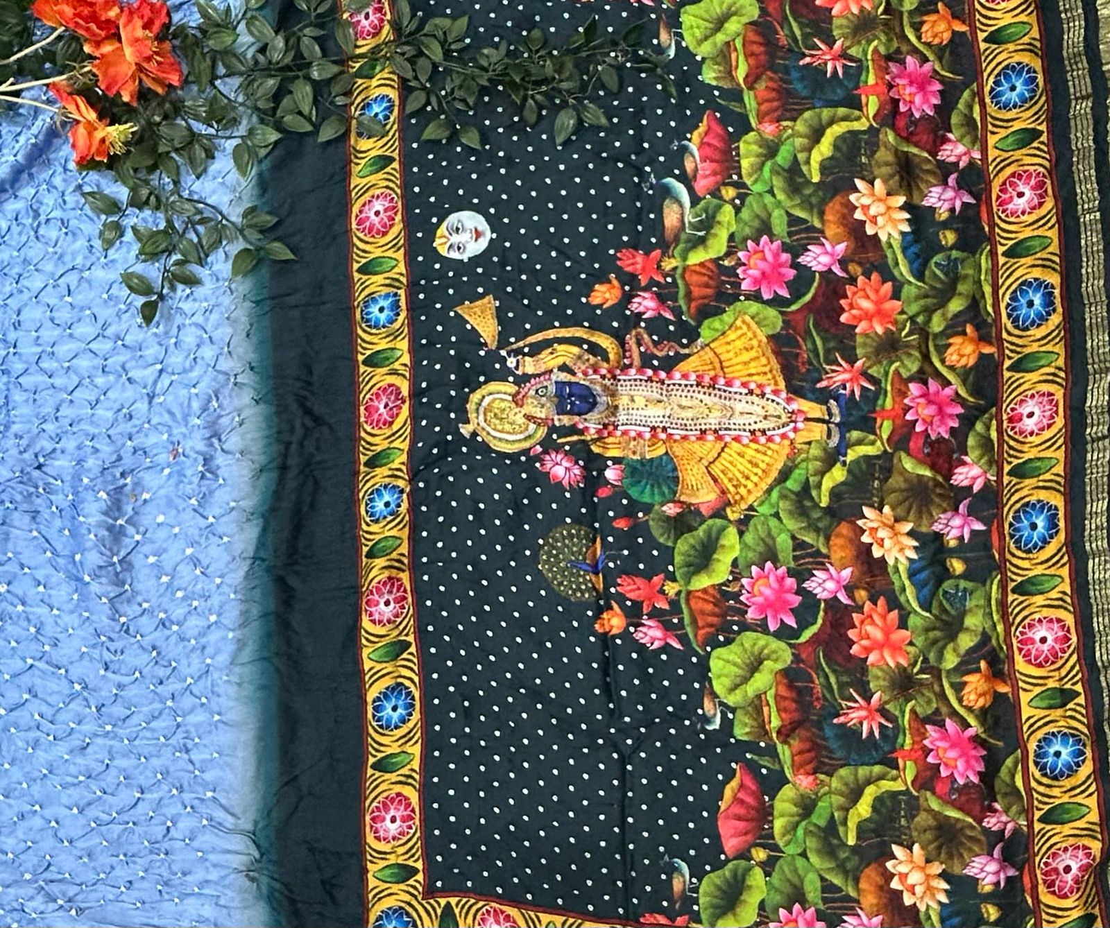 Pastel blue 04 bandhini with digital print blouse saree