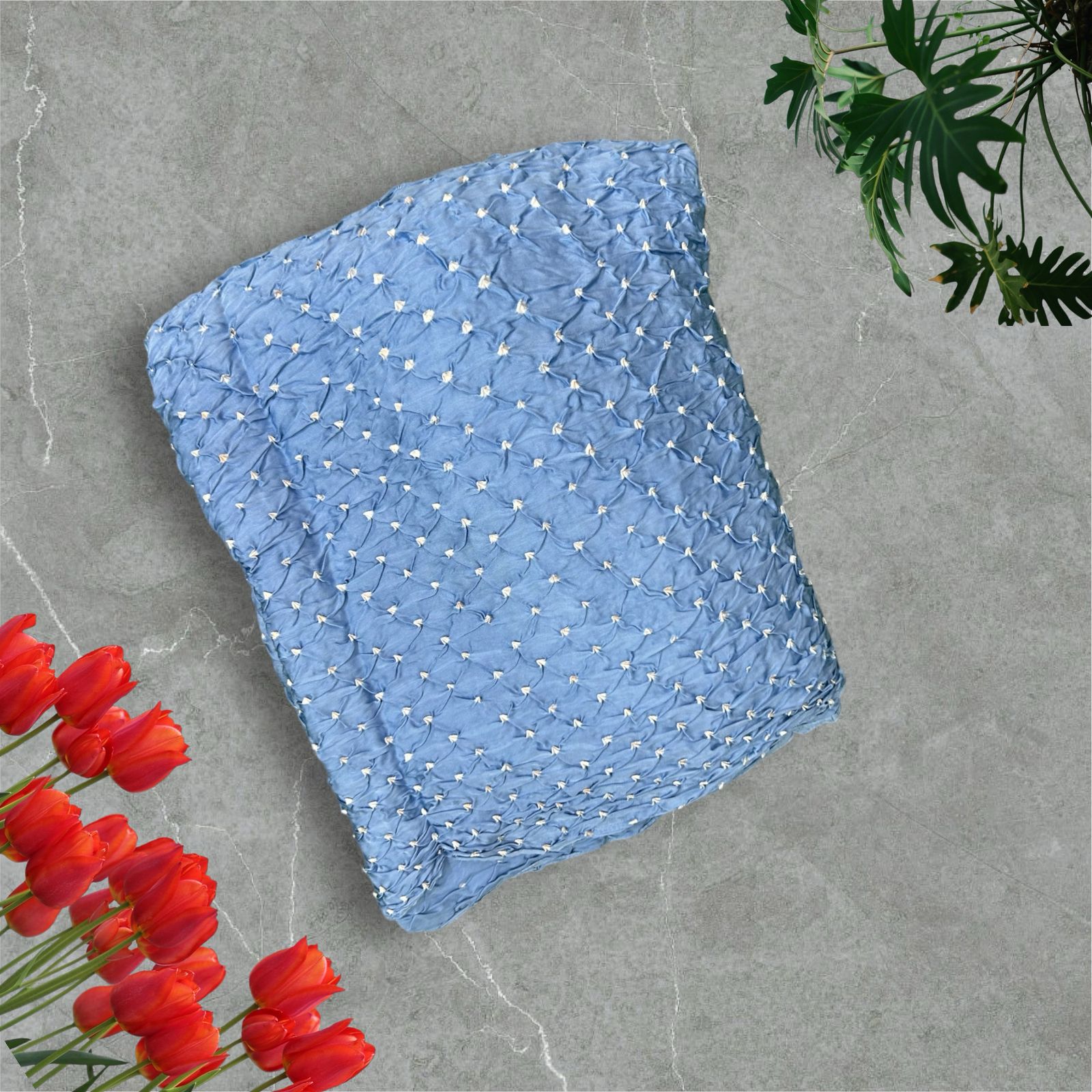 Pastel blue 04 bandhini with digital print blouse saree