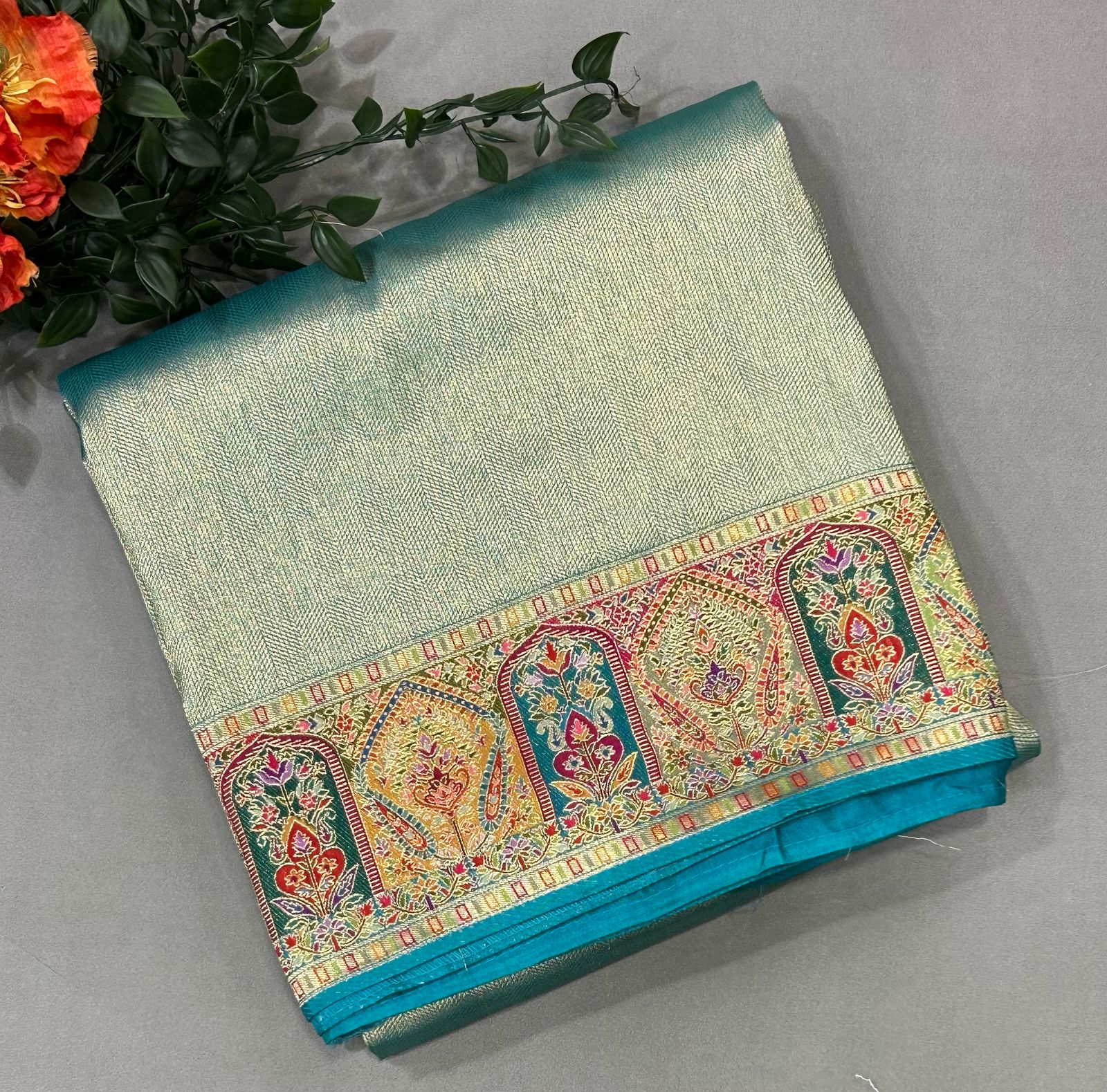 Rama green pashmina tissue saree (RR)