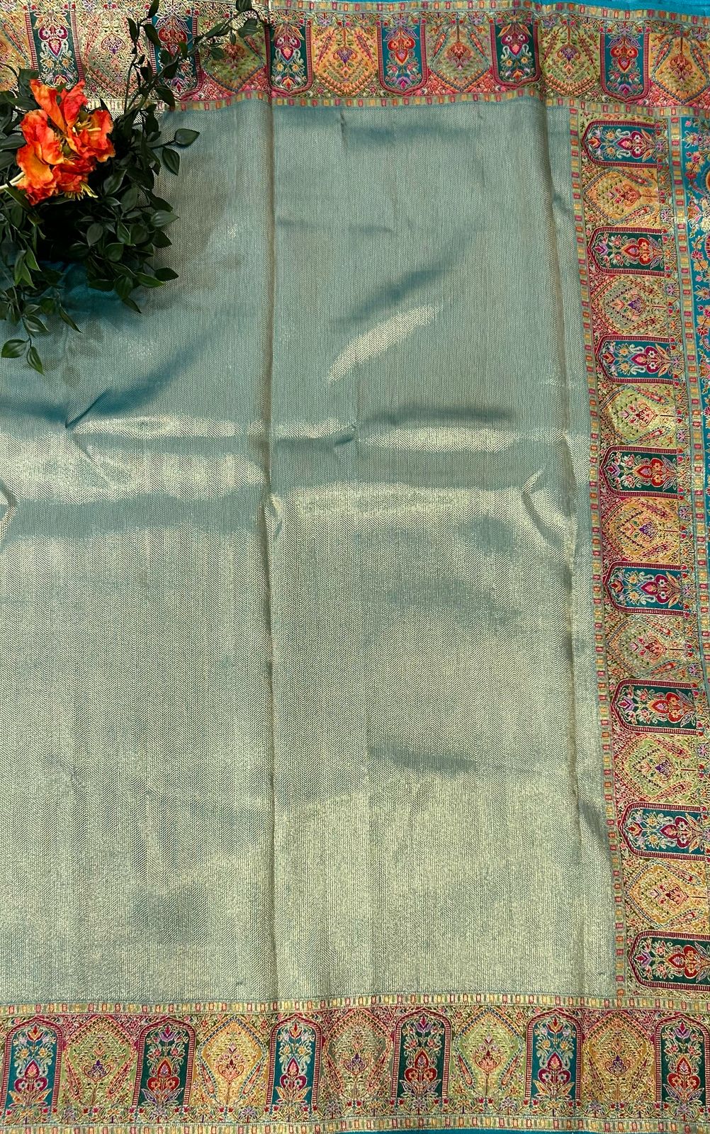 Rama green pashmina tissue saree (RR)