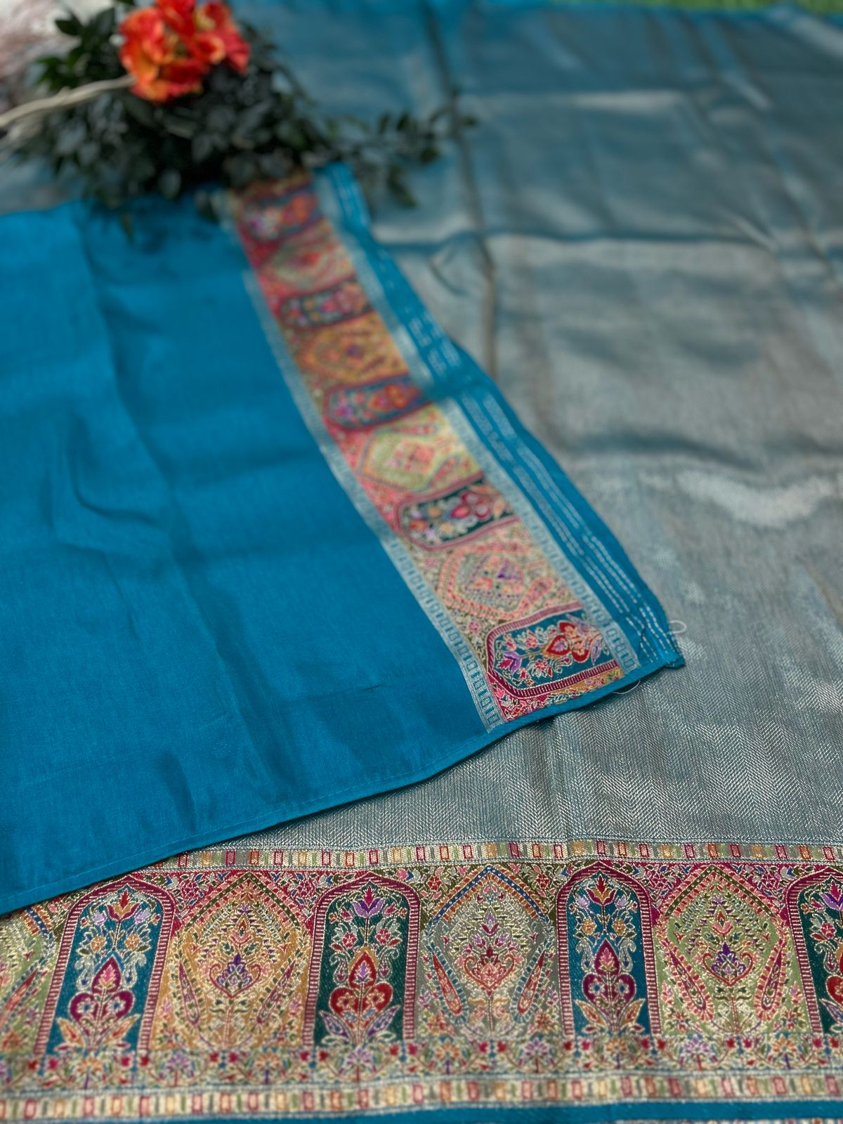 Rama green pashmina tissue saree (RR)