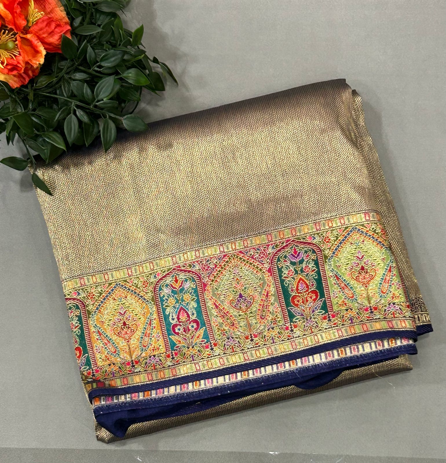 Navy blue pashmina tissue saree(RR)