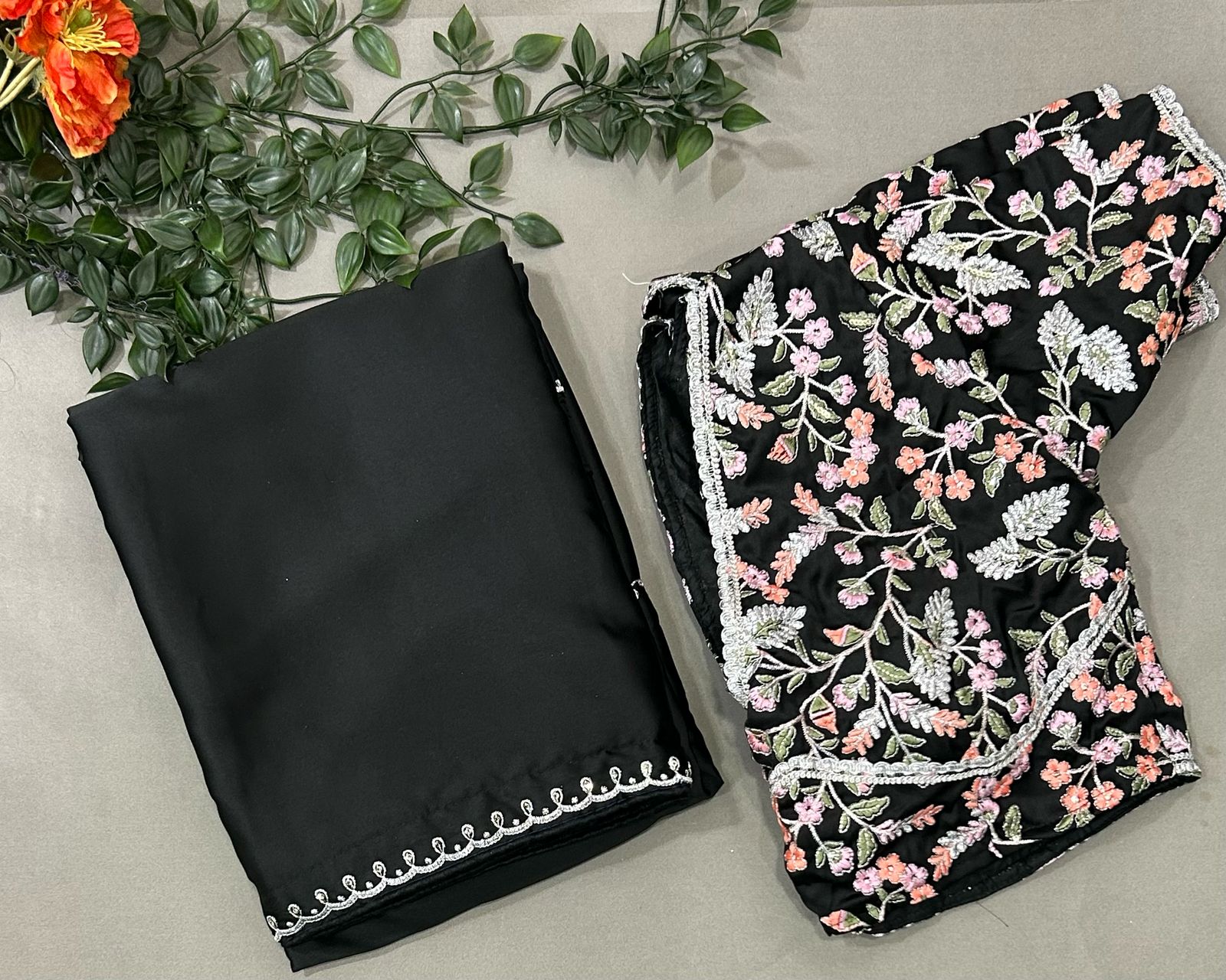 Shriya Saran inspired black satin saree- stitched blouse