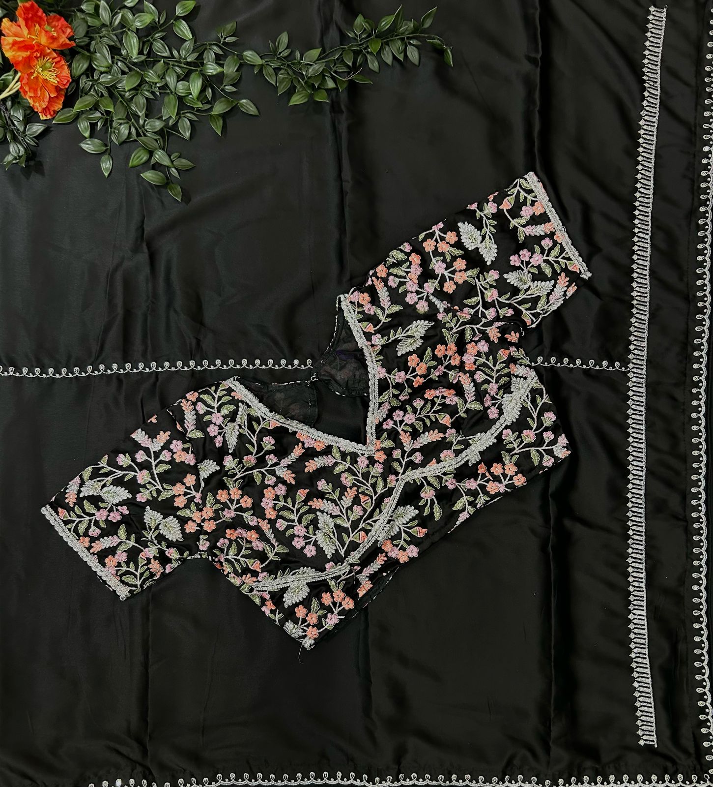 Shriya Saran inspired black satin saree- stitched blouse