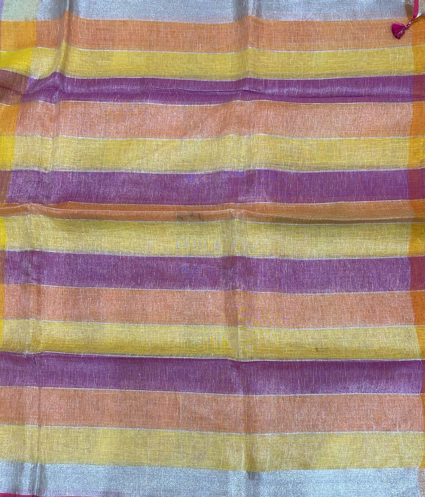 Multicolour pure linen saree