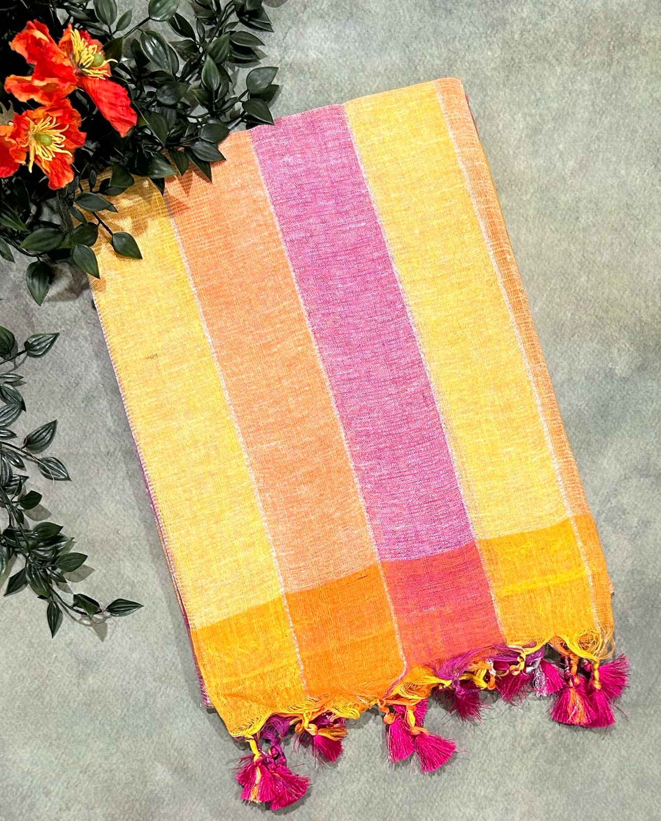 Multicolour pure linen saree