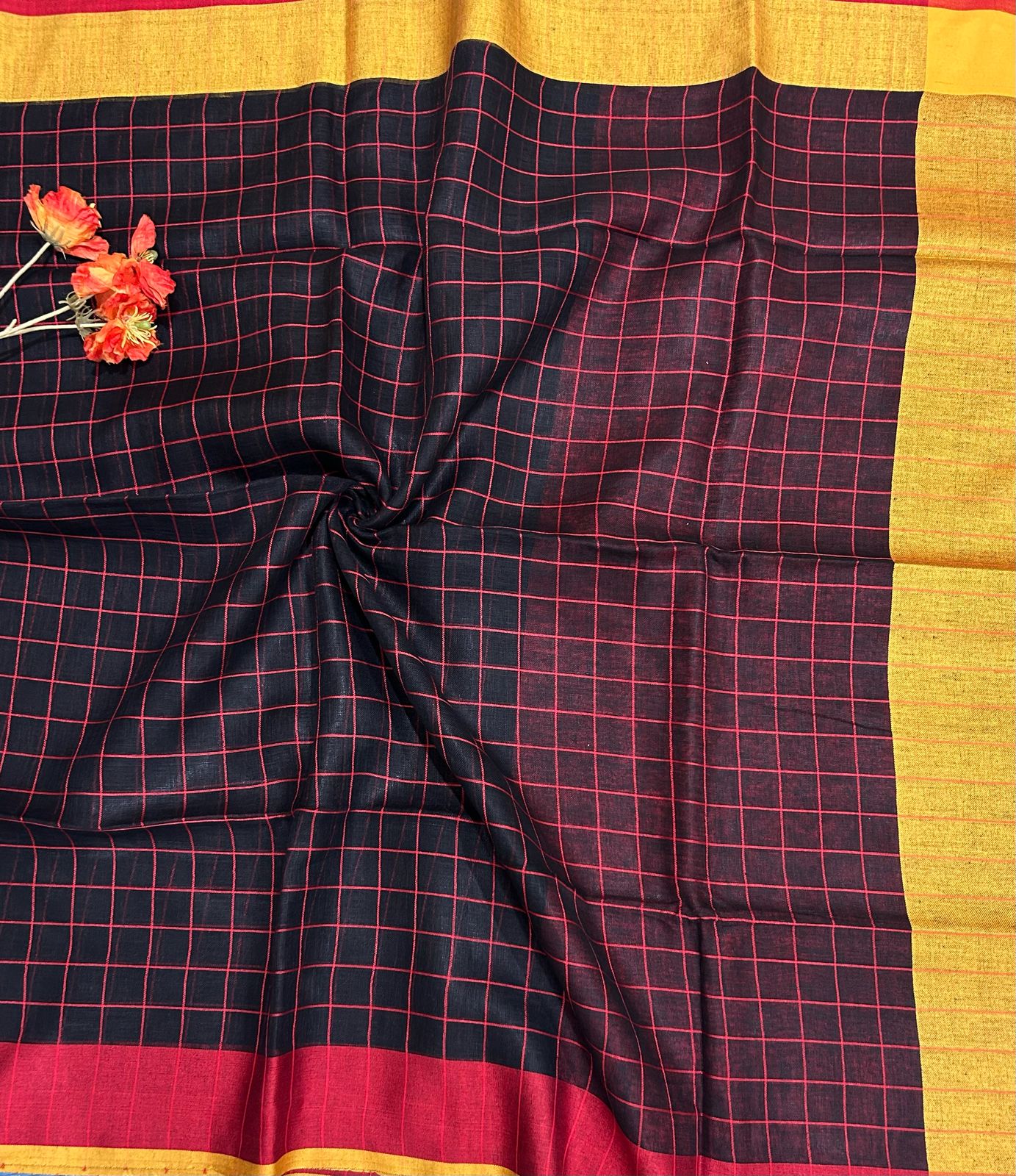 Black checks pure linen saree