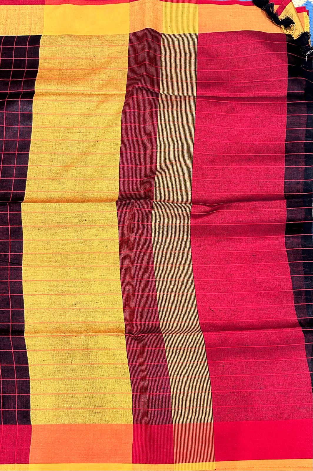 Black checks pure linen saree