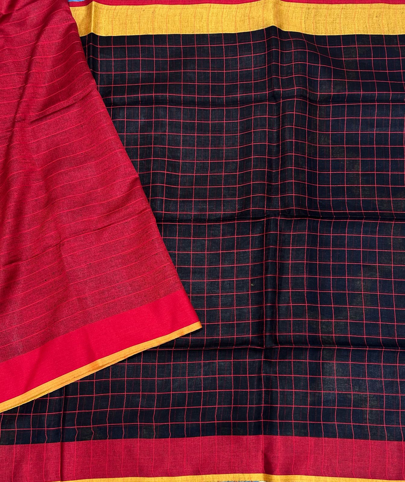 Black checks pure linen saree