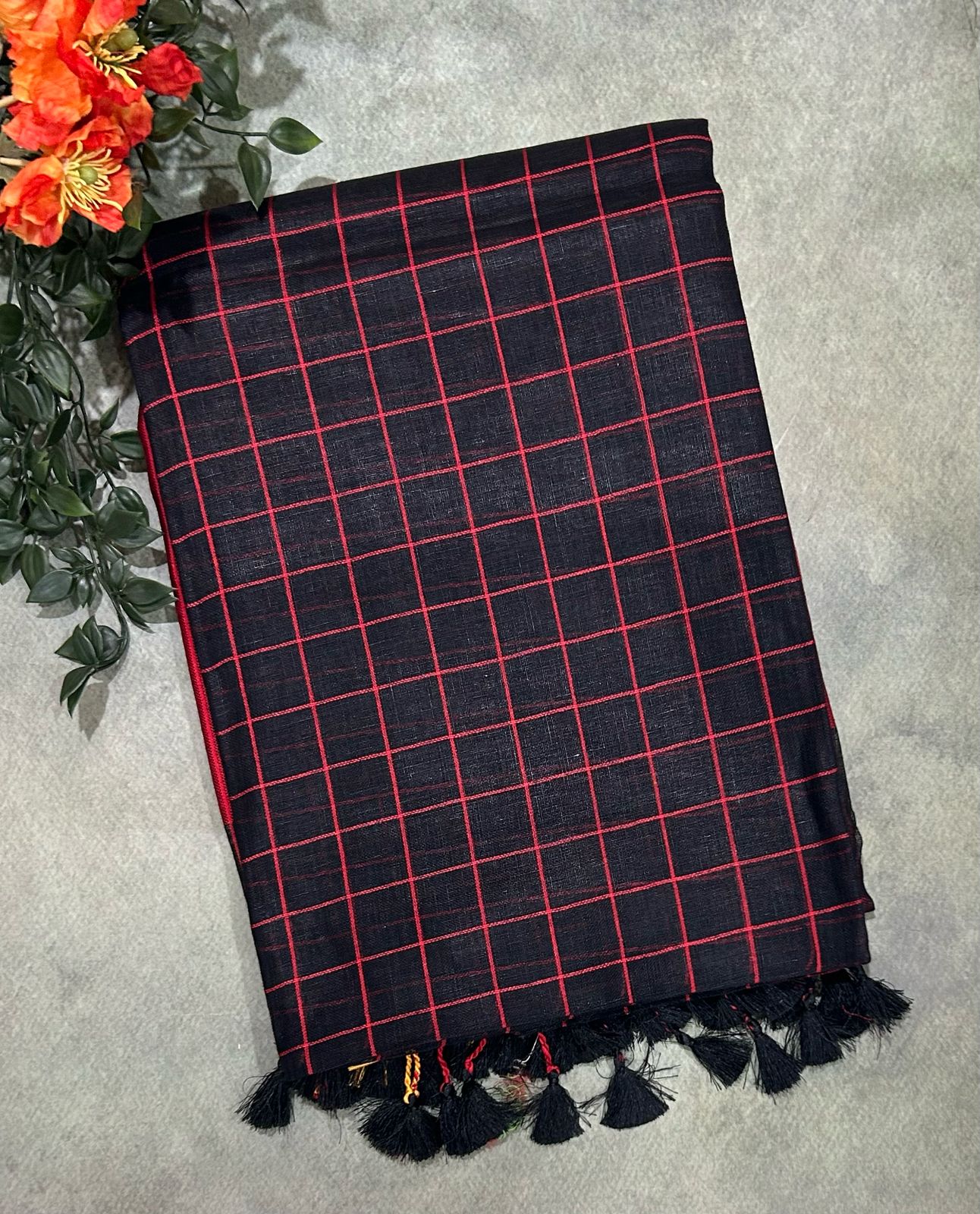 Black checks pure linen saree