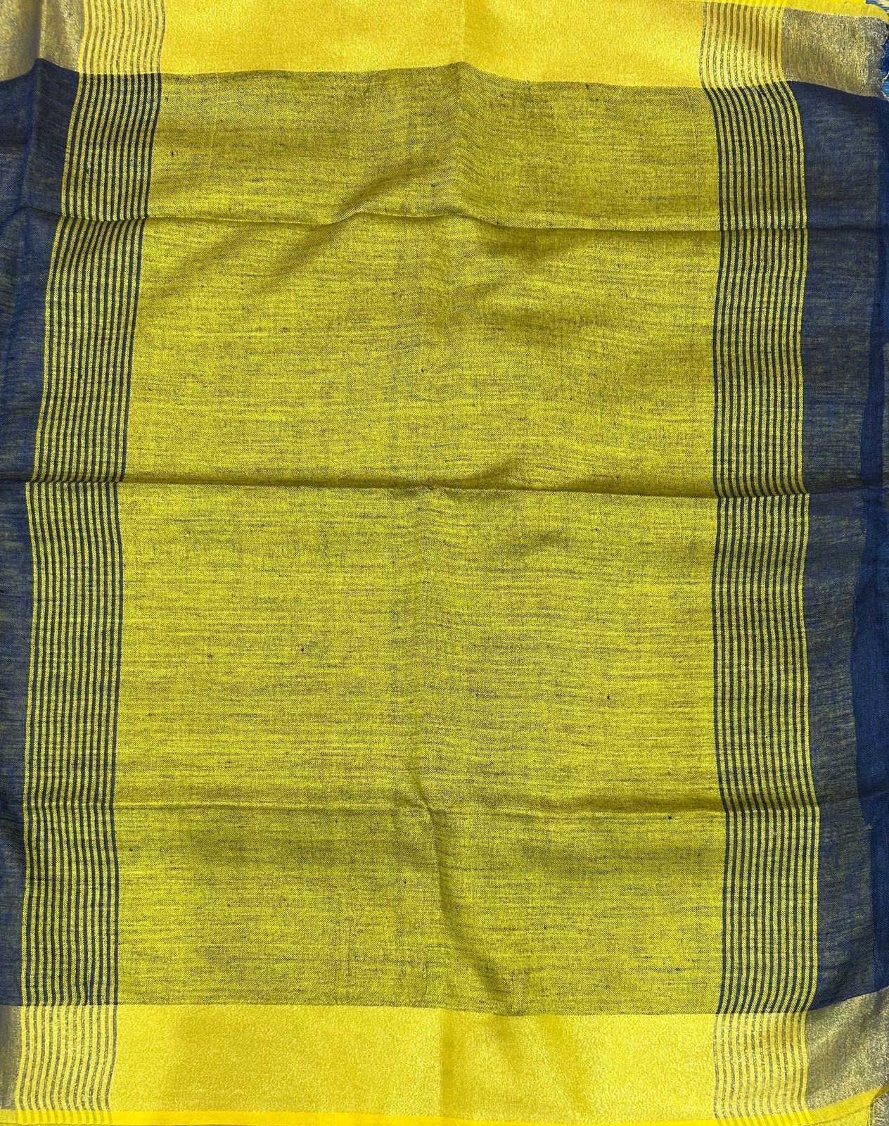 Blue n neon green blouse pure linen saree