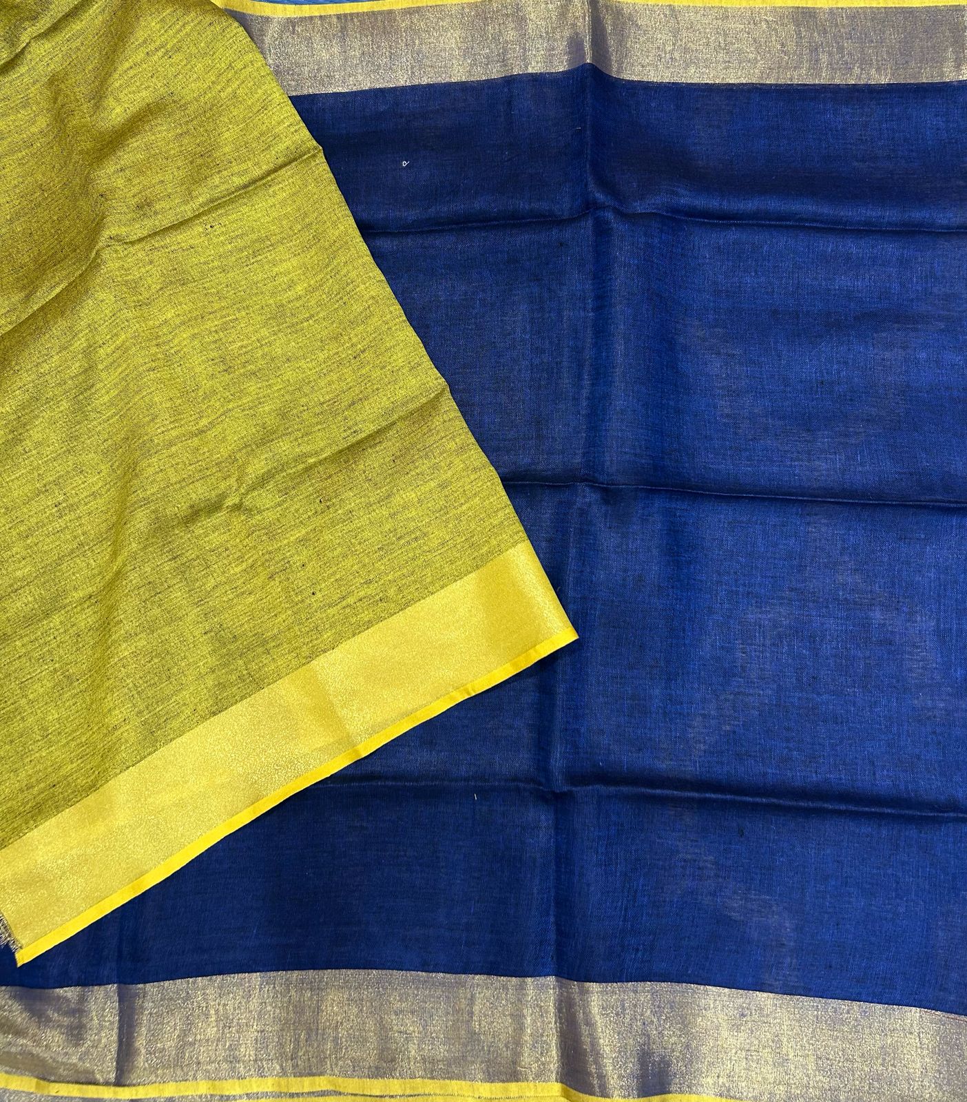 Blue n neon green blouse pure linen saree