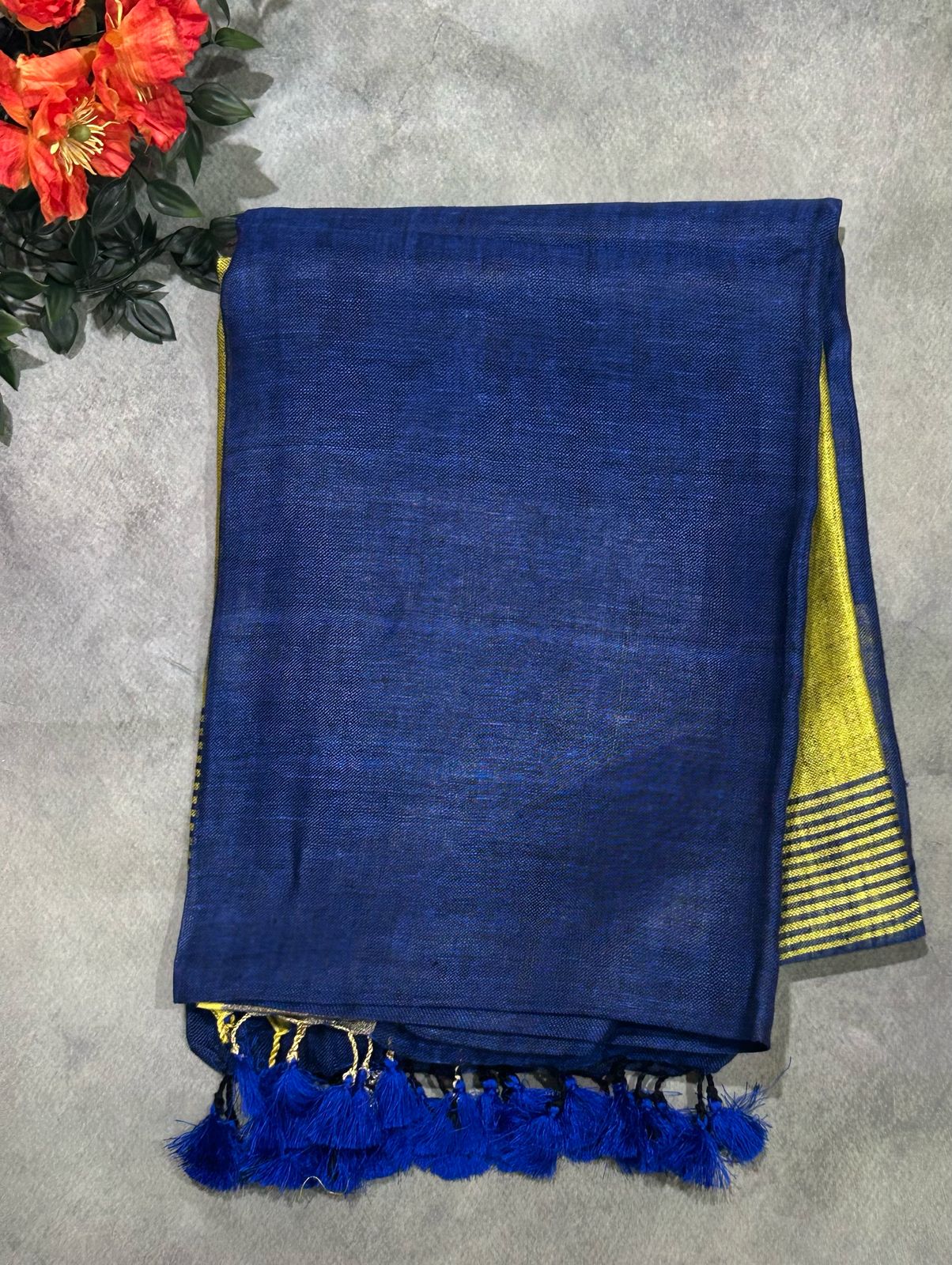 Blue n neon green blouse pure linen saree