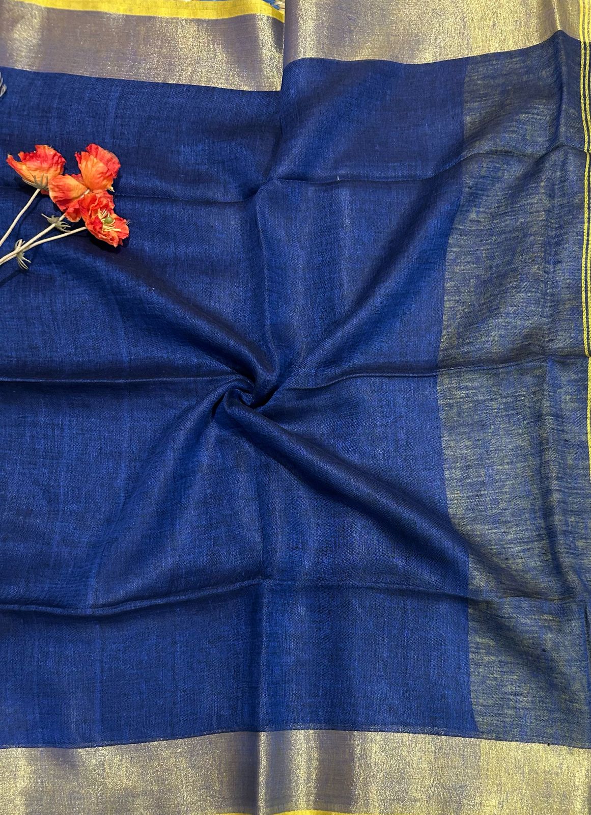 Blue n neon green blouse pure linen saree