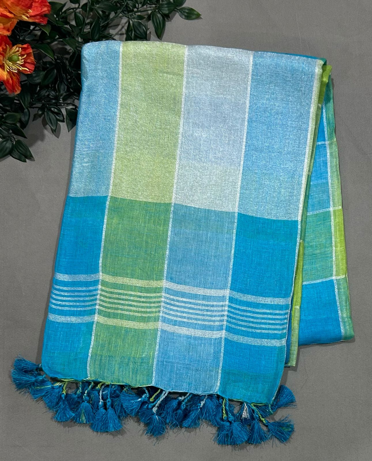 Multicolour pure linen saree