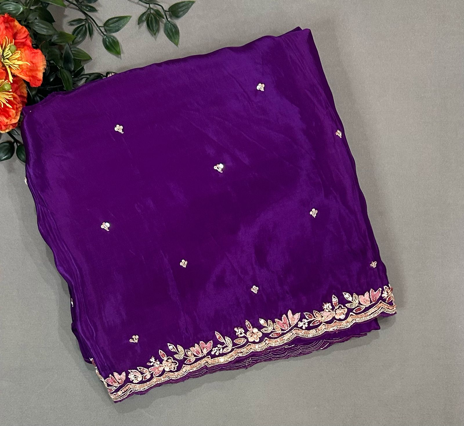 Purple handwork stitched blouse designer party saree
