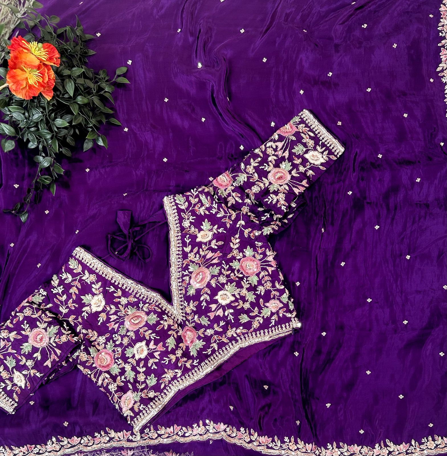 Purple handwork stitched blouse designer party saree