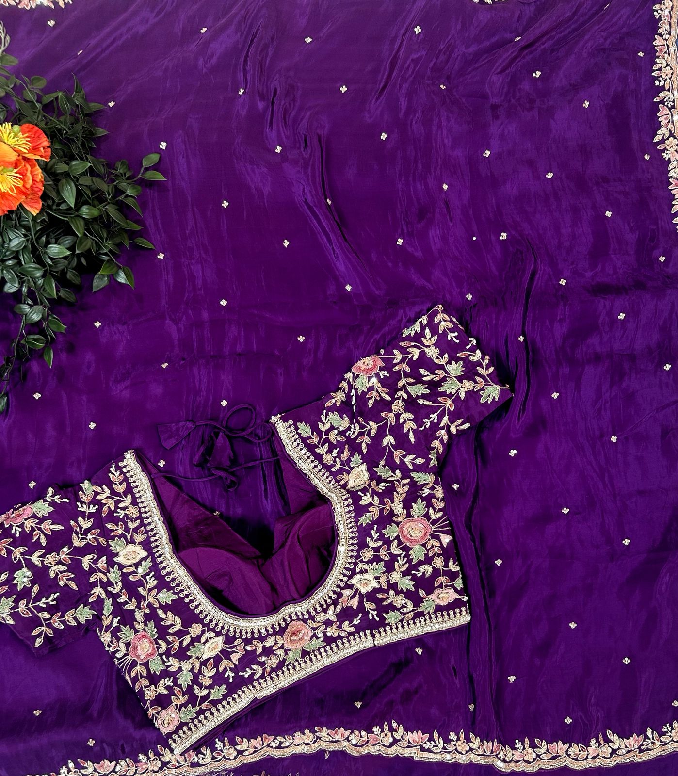 Purple handwork stitched blouse designer party saree