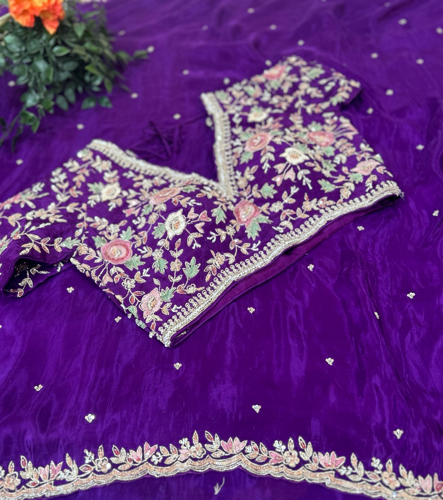 Purple handwork stitched blouse designer party saree