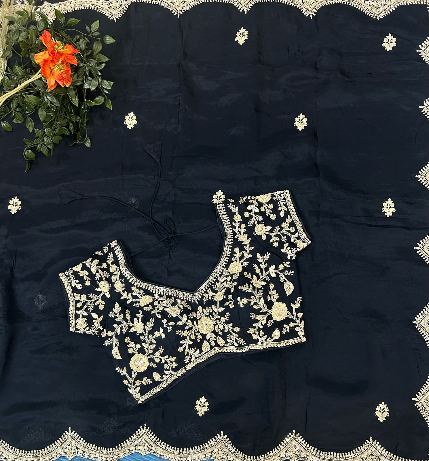 Black handwork stitched blouse designer full sleeve party saree