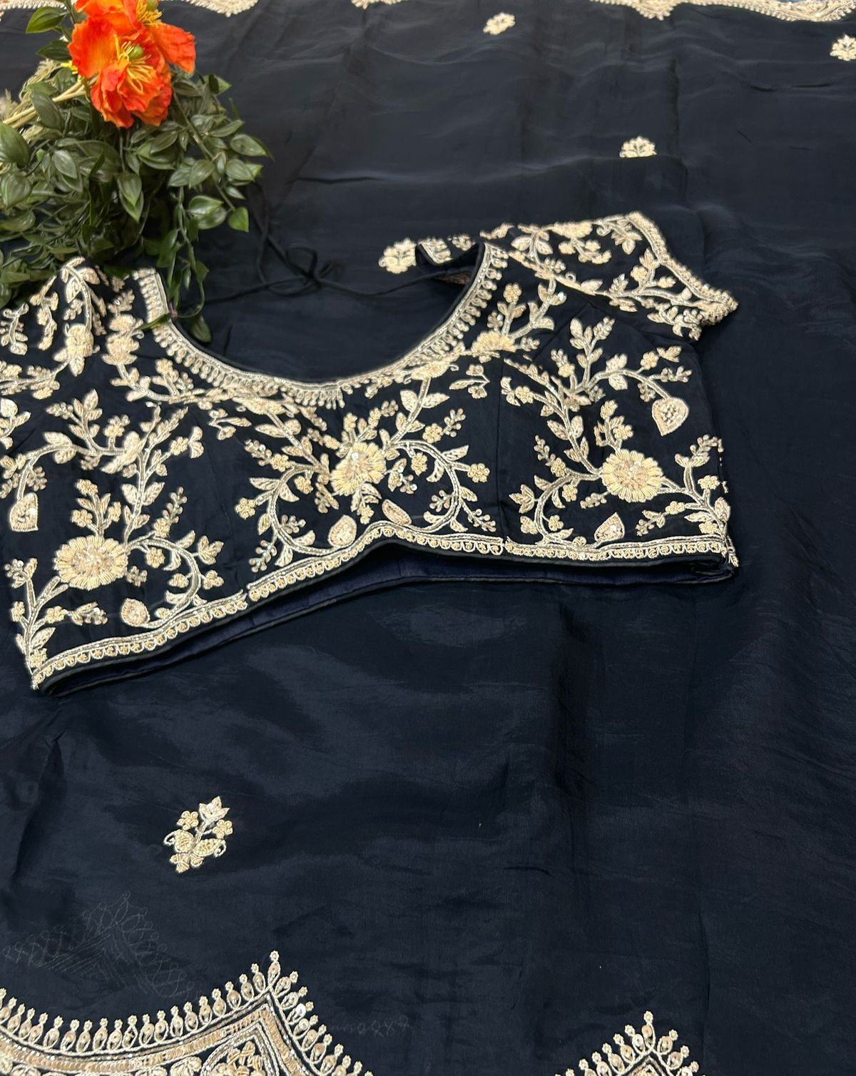 Black handwork stitched blouse designer full sleeve party saree